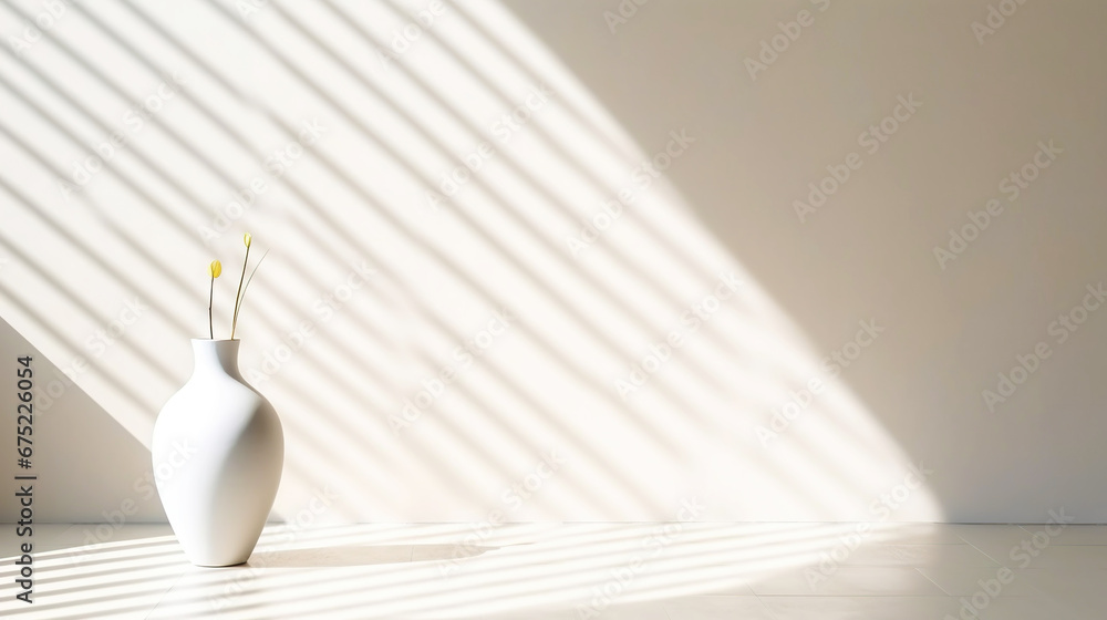 White empty room with vase for flowers, light background with shadows, sunlight Minimalistic concept. Generative AI