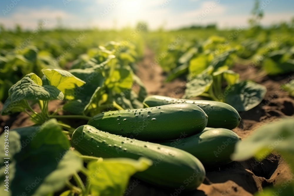 Cucumbers in fields, Organic food.