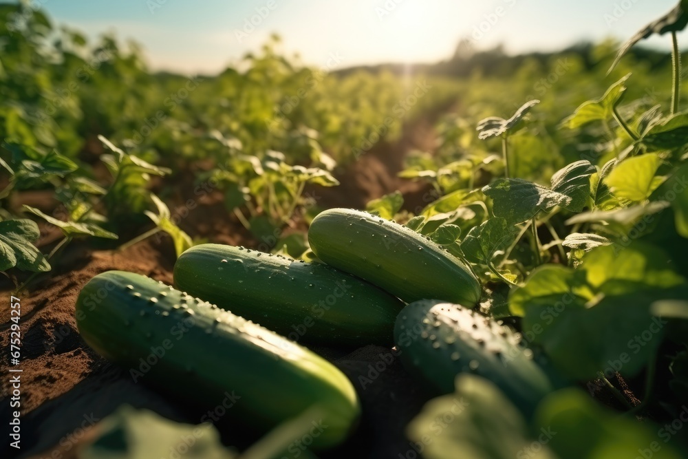 Cucumbers in fields, Organic food.