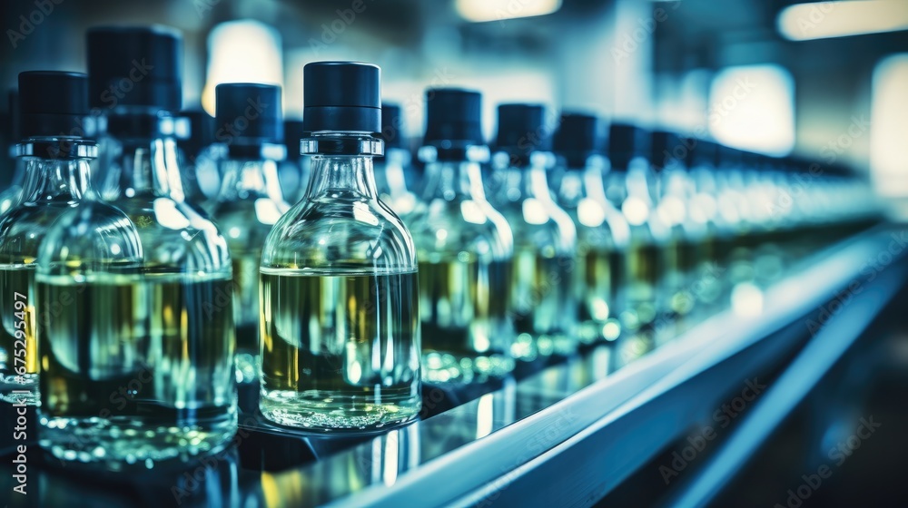 Empty bottles on assembly line in a manufacturing facility.