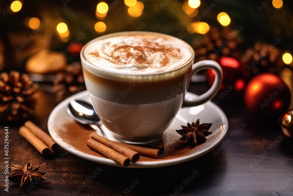 Christmas aesthetics drink, Festive coffee with cinnamon and cardamom among Christmas decorations.