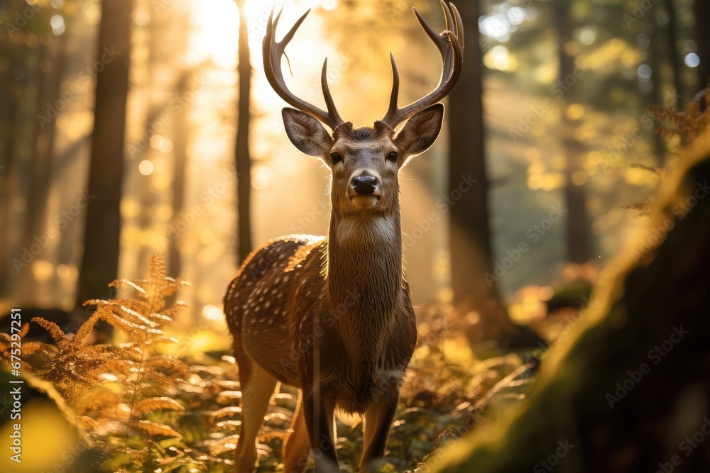 Whitetail deer in the woods with sun shining in background.