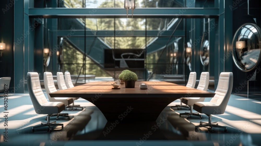 Modern Meeting Room, Large table, Chairs, Luxuriant, Large-scale.