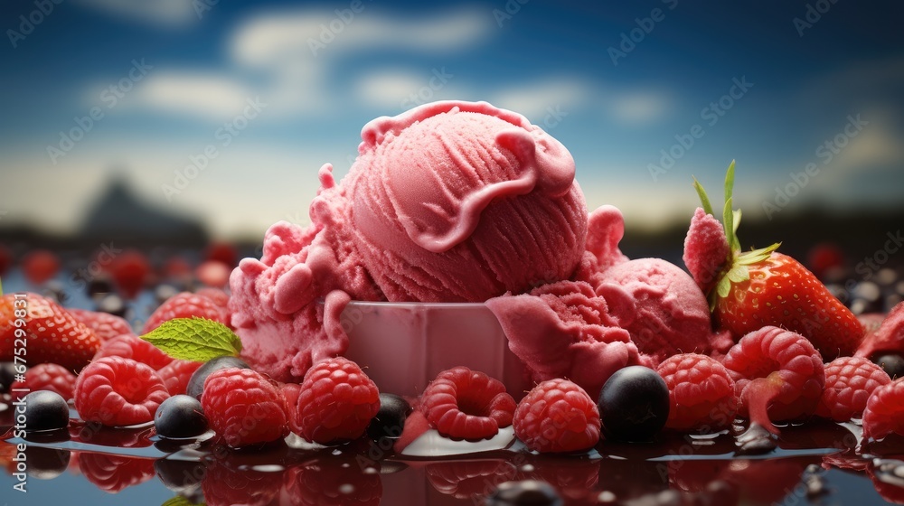 Ball of raspberry ice cream, Juicy deep red with fruits raspberry.