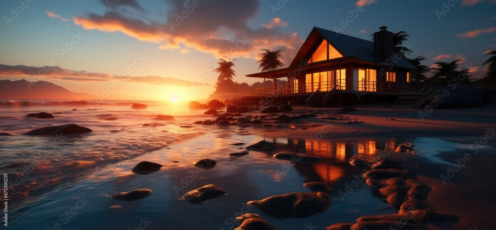 A cabin on the beach at sunrise.