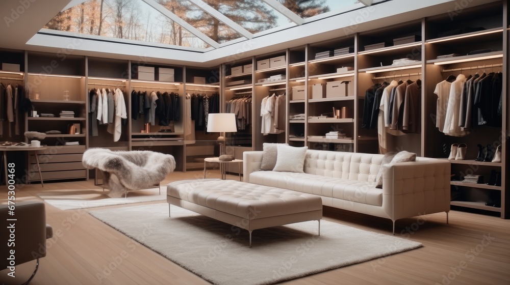 Walk in wardrobe with leather furniture, Luxury walk in closet.