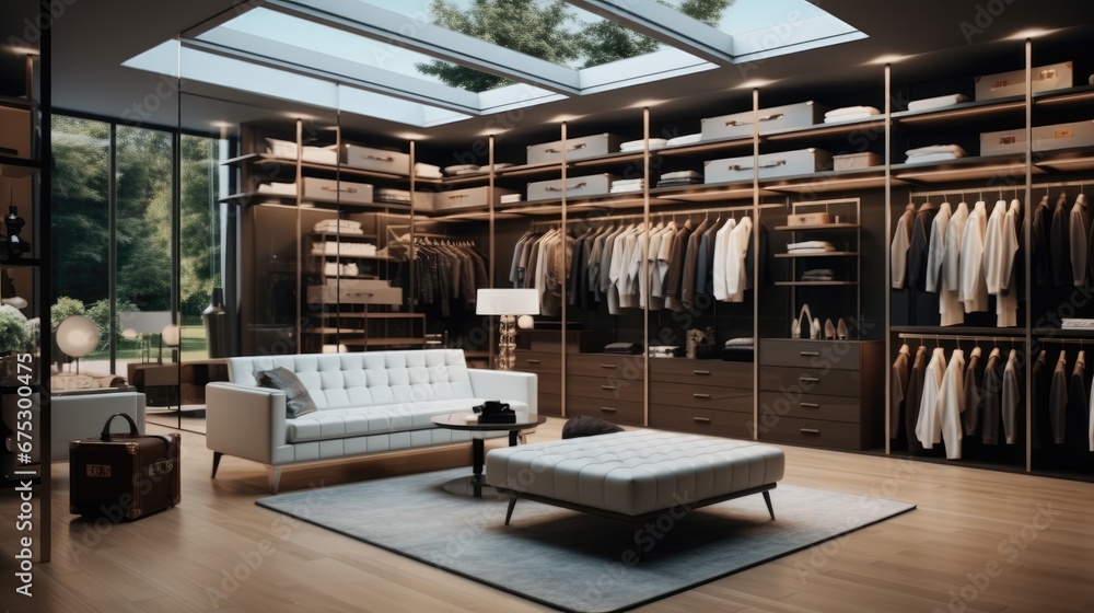 Walk in wardrobe with leather furniture, Luxury walk in closet.