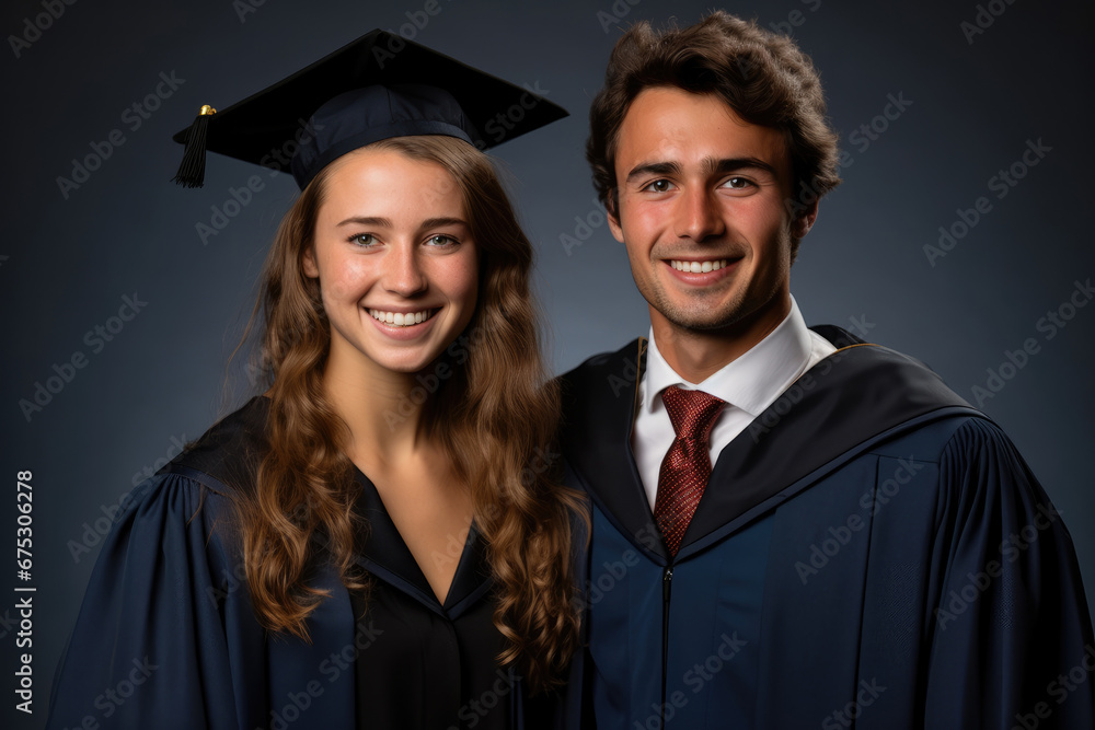 Portrait of a couple of recent graduate students on dark background.