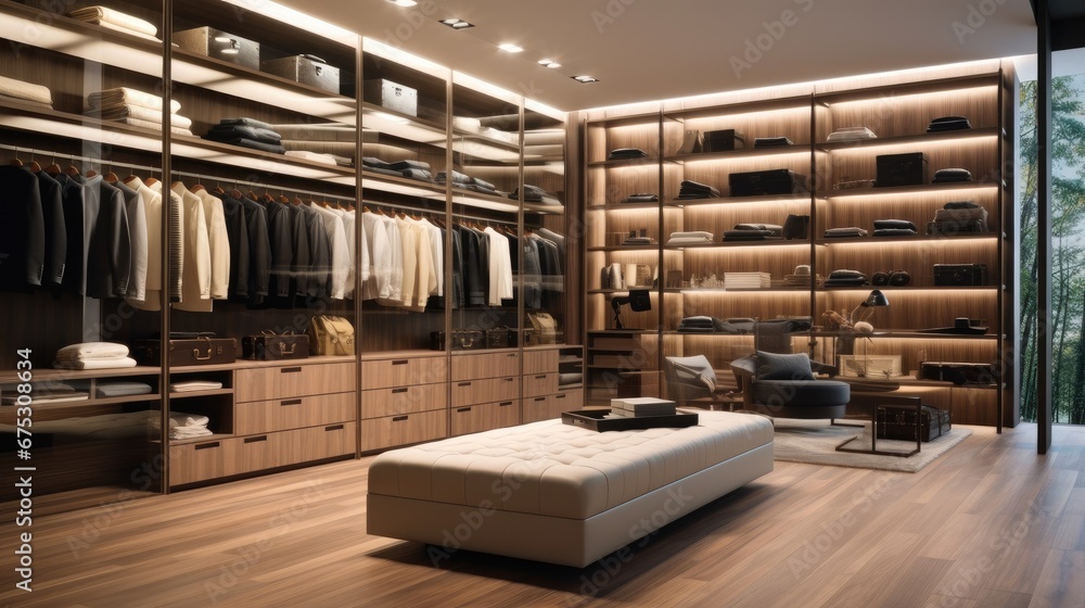 Interior design of luxury walk in closet with clothes hanging on rods, Modern custom closet.