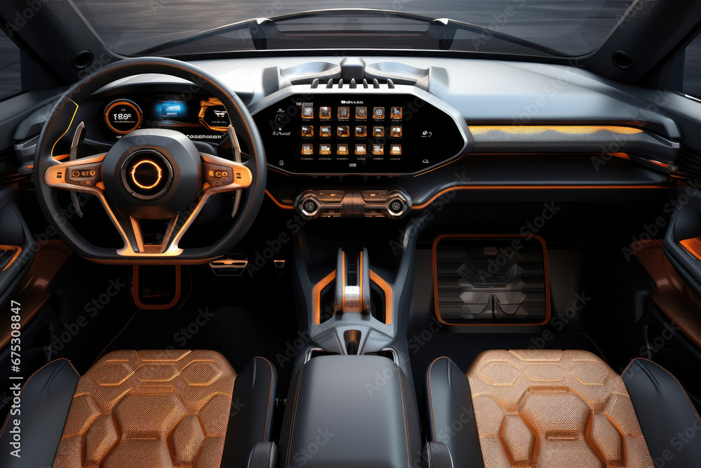 Original design of the main instrument panel of an electric vehicle interior.