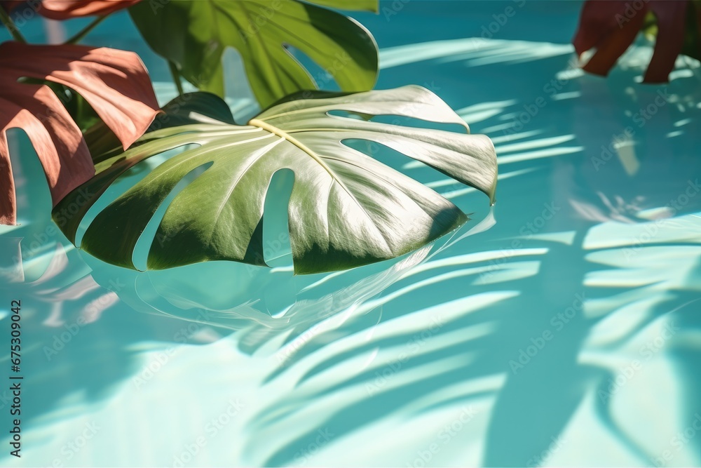 Summer tropical background, Swimming pool with tropical leaf shadow.