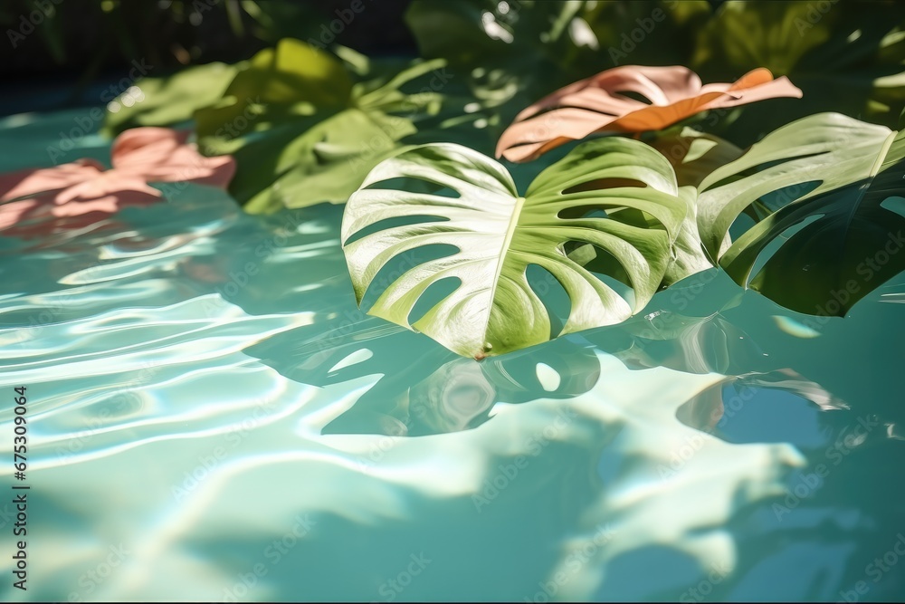 Summer tropical background, Swimming pool with tropical leaf shadow.