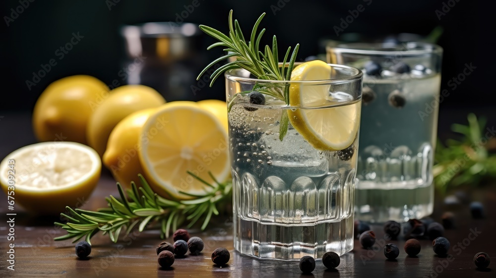 Gin with juniper berries, lemon slices, Traditional Italian alcohol drink.