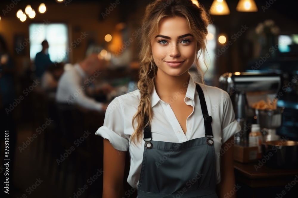 Portrait of beautiful female barista at the coffee shop.