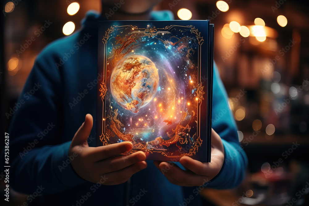 The boy is holding a book with an image of the globe in a bright glow