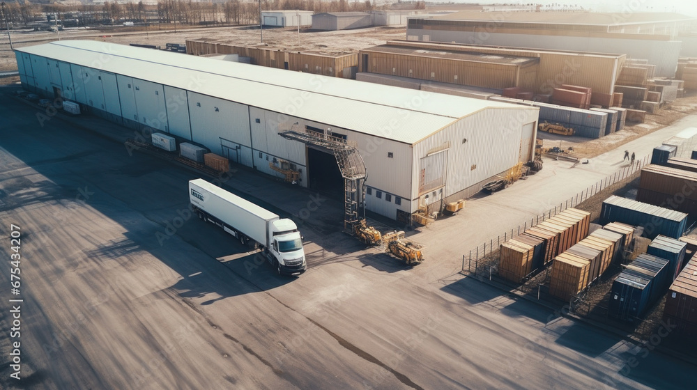 Aerial view of an industrial building and warehouse with freight cars in length.