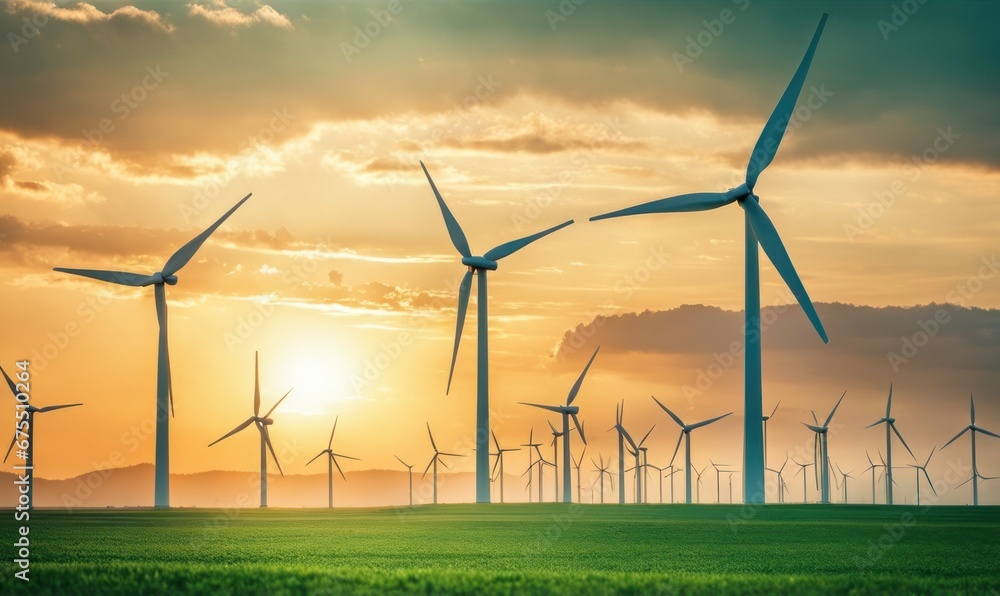 Panoramic view of wind farm or wind park, with high wind turbines for generation electricity with copy space. Green energy concept. Wind energy generators on a green field