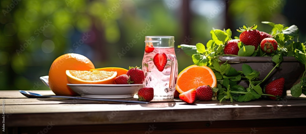 In the warm summer background a vintage wooden table is adorned with a delicious and healthy breakfast spread A vibrant orange glass holds a refreshing strawberry and orange salad creating 