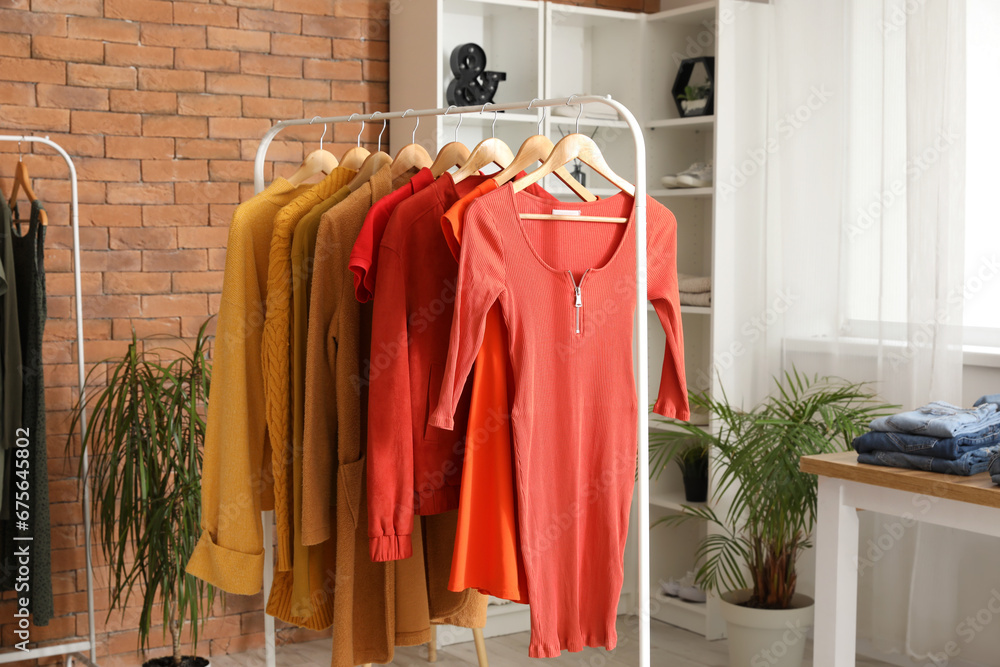 Rack with stylish female clothes in modern boutique