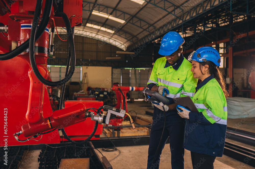 Testing innovative new automatic turning tools for smart industries professional robot engineer Expert in maintaining and controlling robot arms in factory warehouses. Technicians work together 