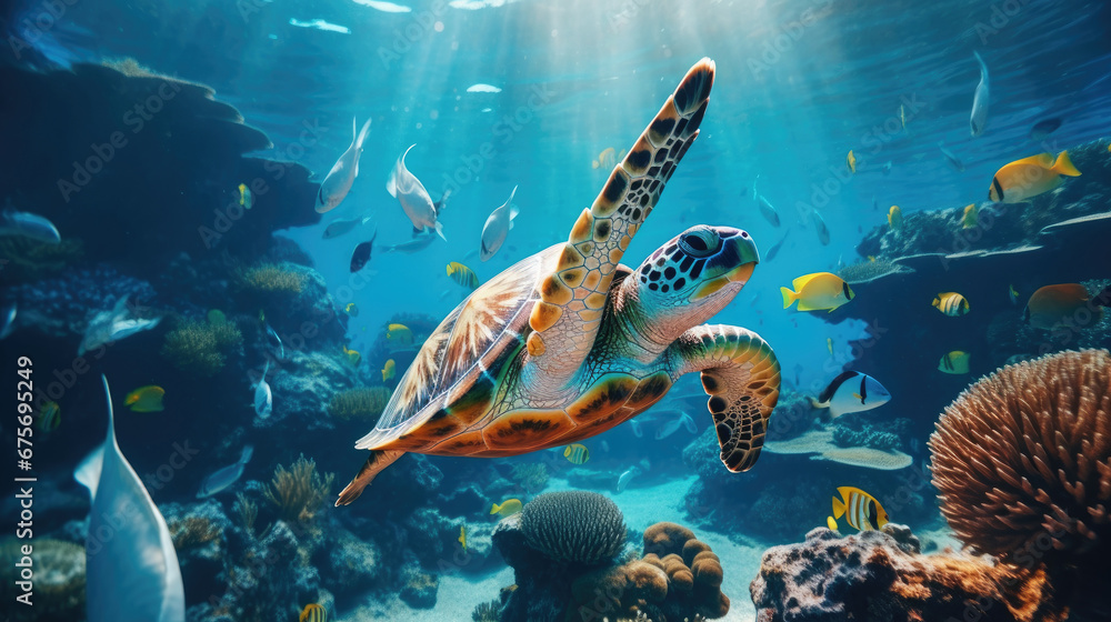 turtle swimming among fishes in blue water of ocean. Beautiful nature underwater world concept,