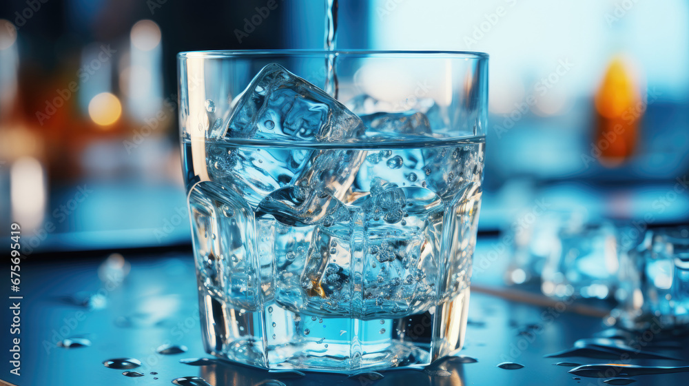 A stream of clear transparent cold water is poured into a glass beaker on blue background