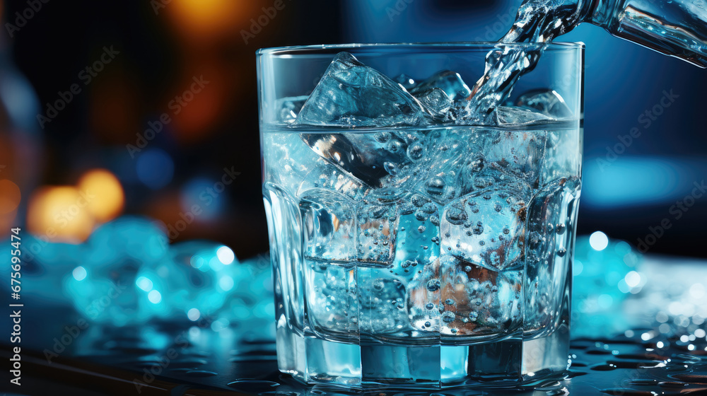 A stream of clear transparent cold water is poured into a glass beaker on blue background