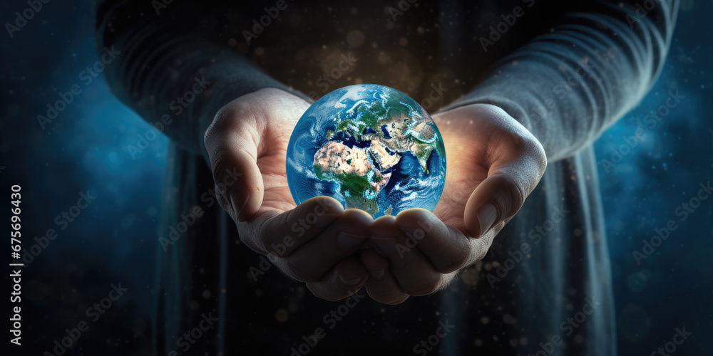 Earth at night was holding in human hands. Earth day. Energy saving concept