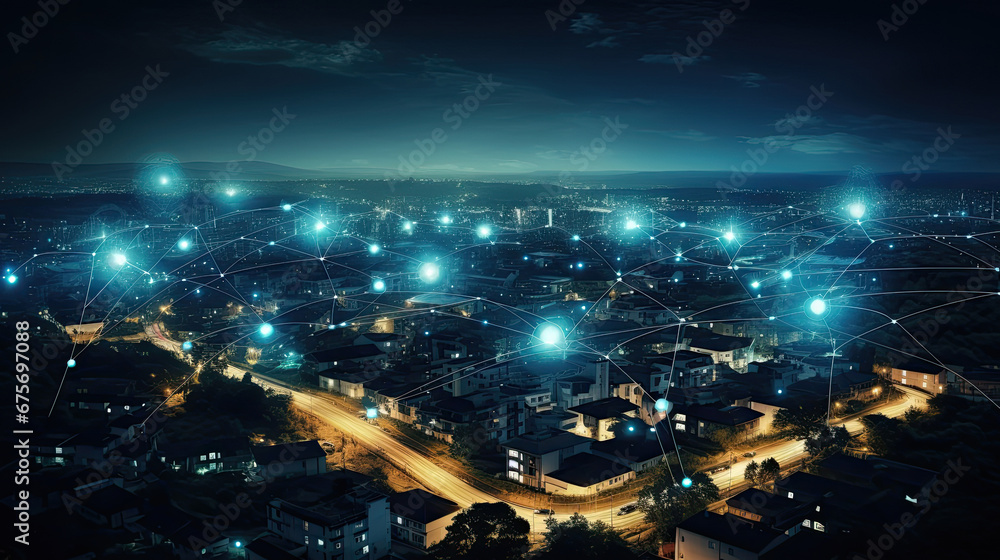 Digital community, smart homes and digital community. DX, Iot, digital network in society concept. suburban houses at night with data transactions.