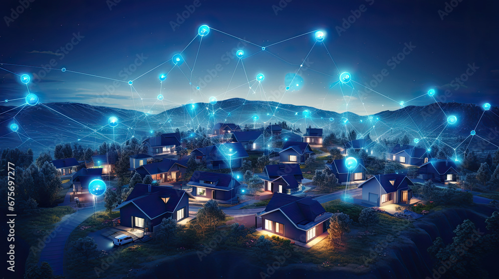 Digital community, smart homes and digital community. DX, Iot, digital network in society concept. suburban houses at night with data transactions.