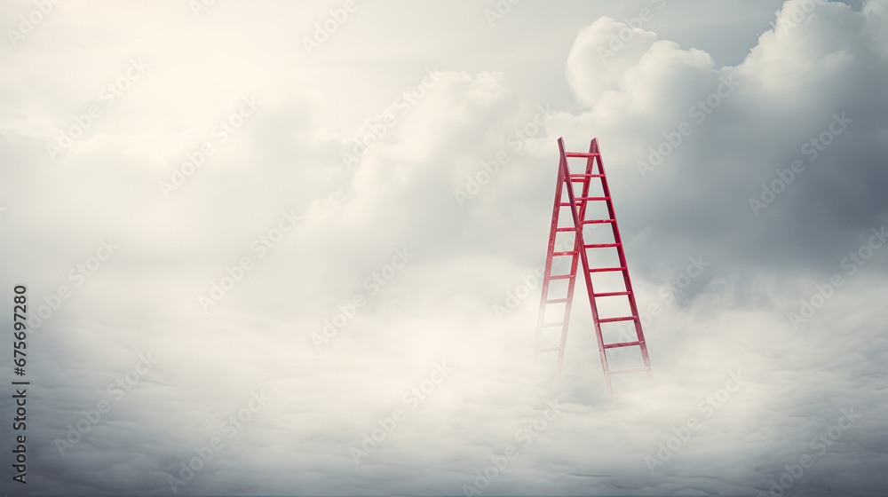 goal reching concept with red ladder reaching the clouds. Concept for growth and internet cloud networking.