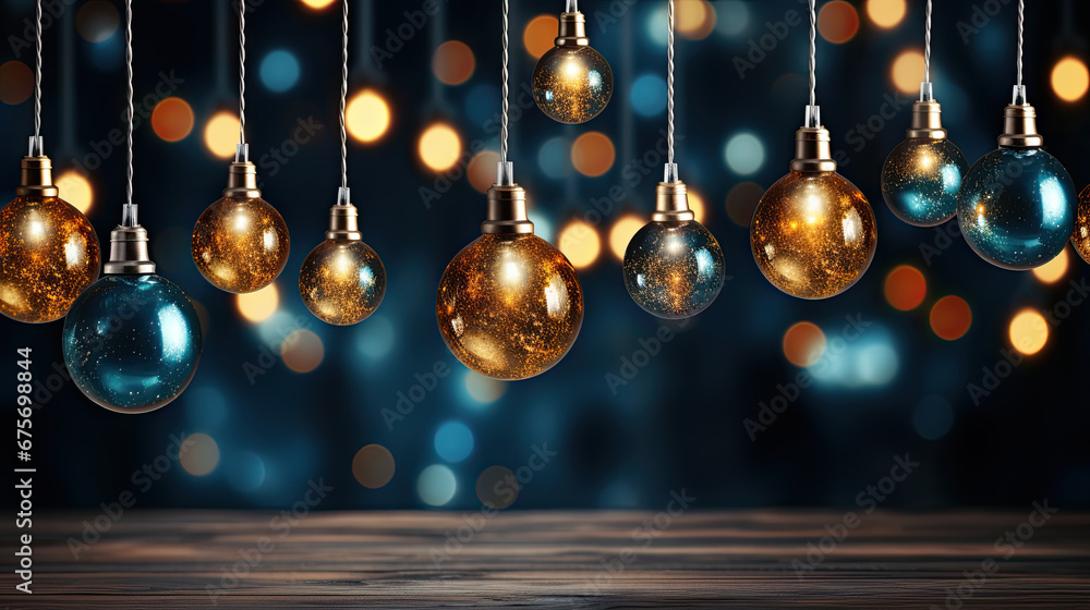 holiday illumination and decoration concept - christmas garland bokeh lights over dark blue background