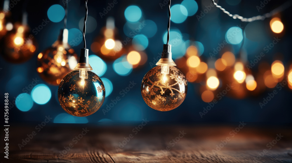 holiday illumination and decoration concept - christmas garland bokeh lights over dark blue background