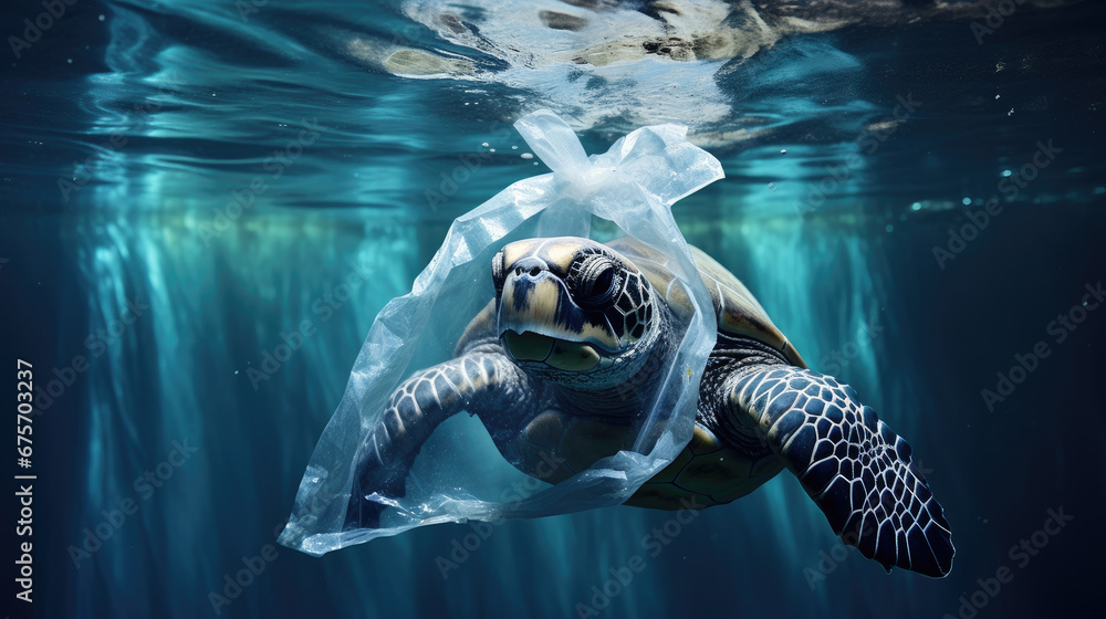  turtle with transparent plastic bag swimming underwater representing concept of environmental pollution, illustration