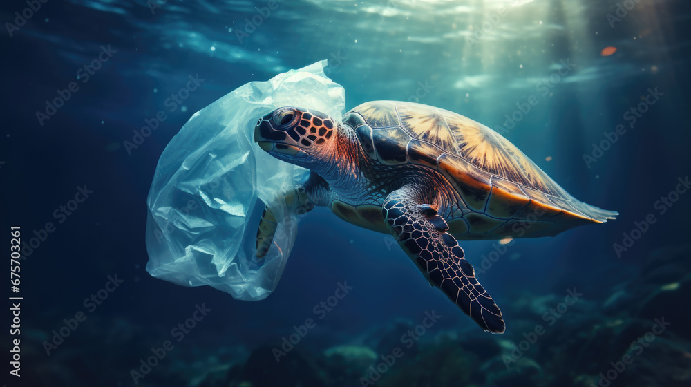  turtle with transparent plastic bag swimming underwater representing concept of environmental pollution, illustration