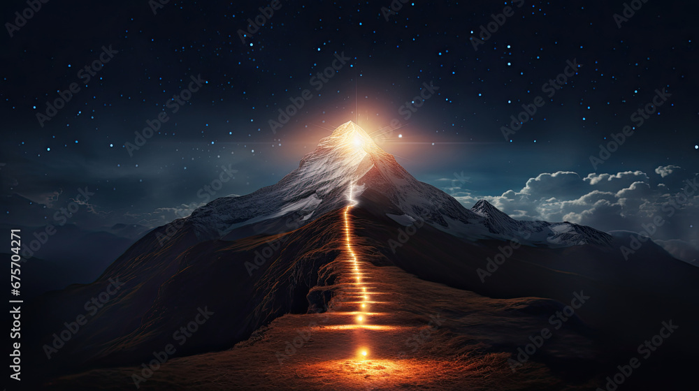 Path to success concept, with glowing neon light path going up the mountain