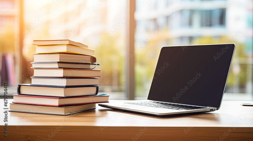 Organized pile of books on a desk with a laptop. E-learning concept, books on laptop