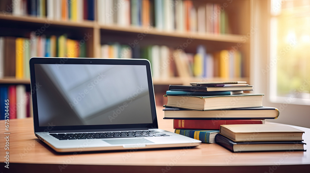 Organized pile of books on a desk with a laptop. E-learning concept, books on laptop