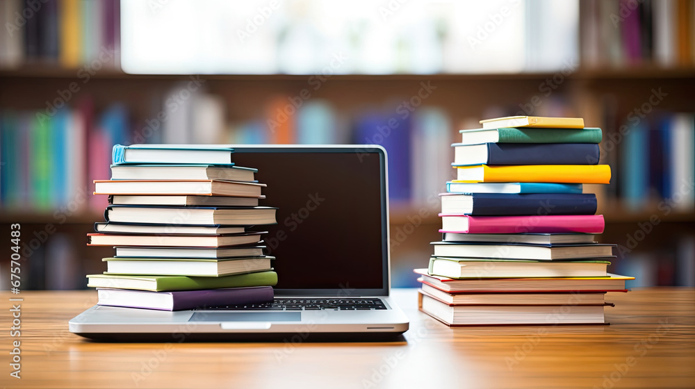 Organized pile of books on a desk with a laptop. E-learning concept, books on laptop