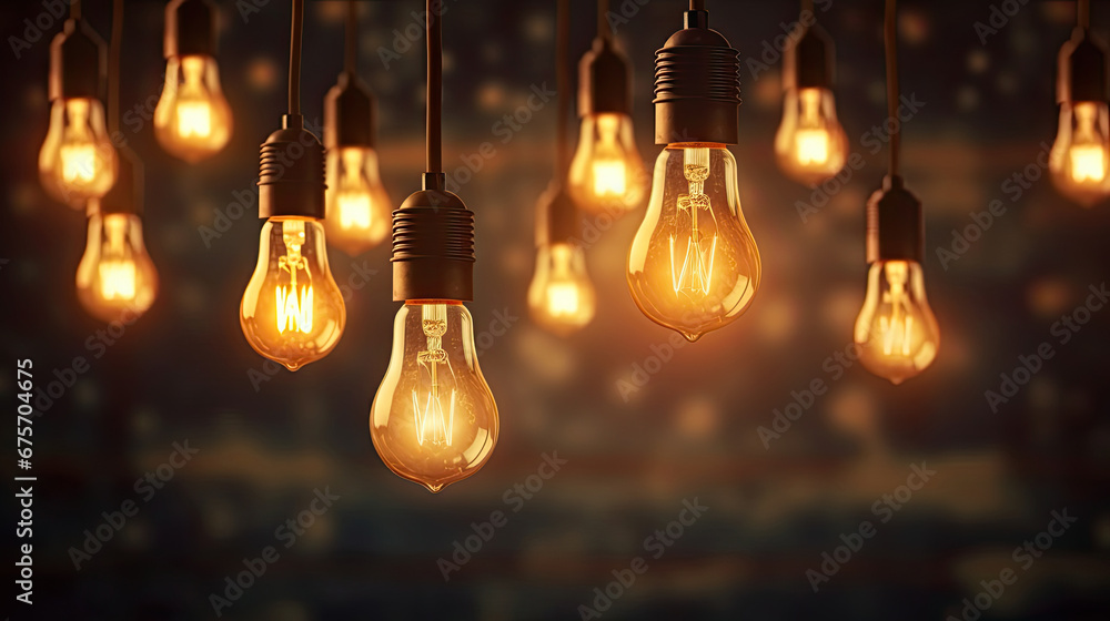 Vintage tungsten filament multiple lamps. Decorative incandescent bulbs in Edison style on dark background. Lamp. Hanging decorative. Suspended under the ceiling light bulbs,. Idea concept. Teamwork