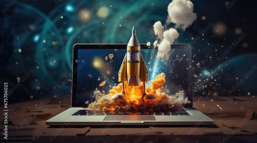 Rocket coming out of laptop screen, innovation and creativity concept,