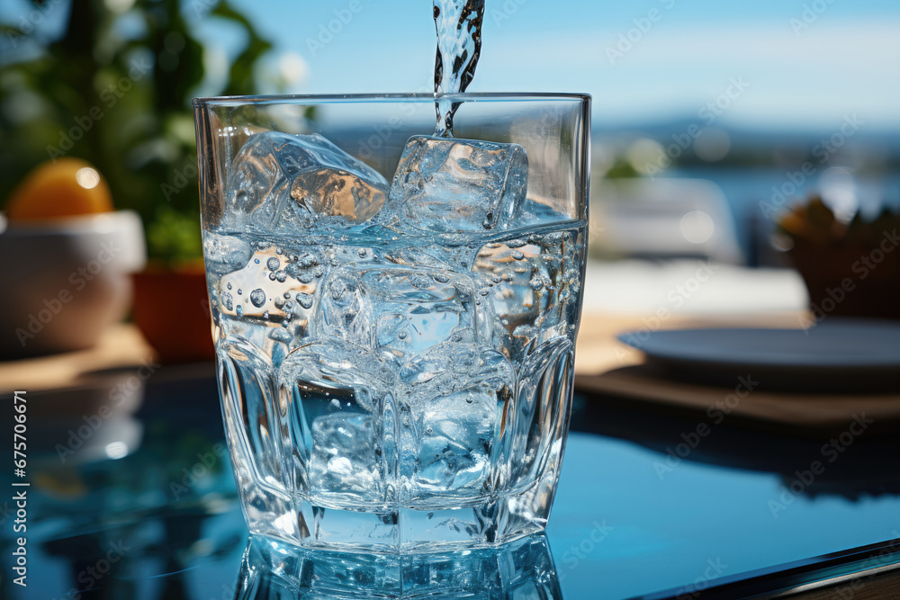 A stream of clear transparent cold water is poured into a glass beaker on blue background