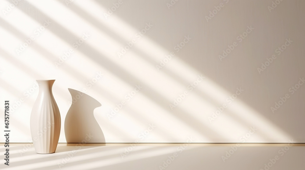 White empty room with vase for flowers, light background with shadows, sunlight Minimalistic concept. Generative AI