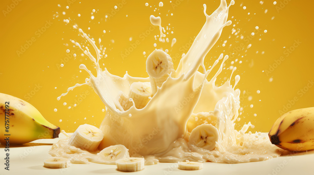 Milk splash with bananas. Sweet dessert cream sweet. Milkshake concept. Generative AI