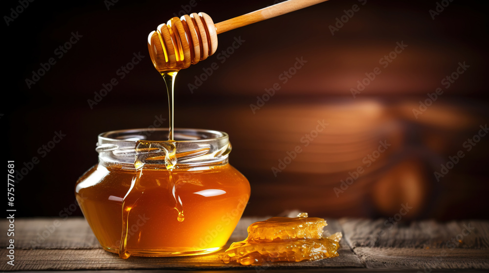 Close-up of a jar of honey, a dipper with dripping honey, on a wooden table with dark background. Generative AI