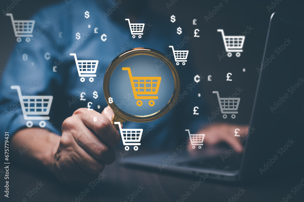 Online shopping concept, marketplace website with the virtual interface of online Shopping cart part of the network, E-commerce  Online Shopping Retail Shop Concept