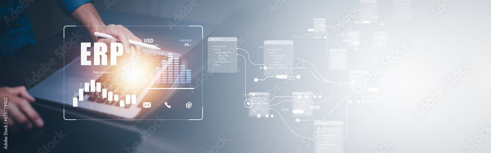 Business people using a laptop with document management for ERP. Enterprise resource planning concept,Enterprise Resource Management ERP software system for business resources plan presented.