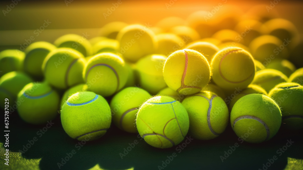 Closeup of a plenty of tennis balls on an empty tennis court, the sunshine. Sports lifestyle concept. Generative AI