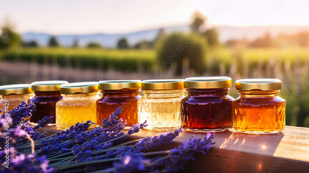 Jars of organic flower honey on a wooden table, with lavender, sunset in the background. Generative AI