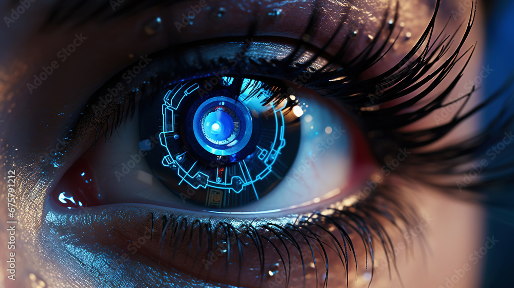 Female android robot eye close up. Digital iris of cyber woman. Bionic technology concept. Generative AI